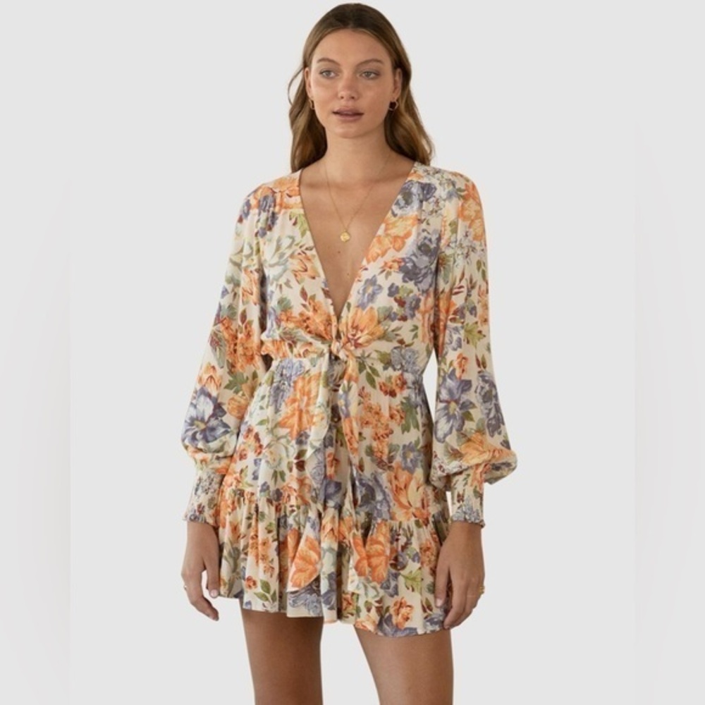 Kivari Aster Floral Orange Long Sleeve Mini Dress Sz. S - Picture 1 of 10